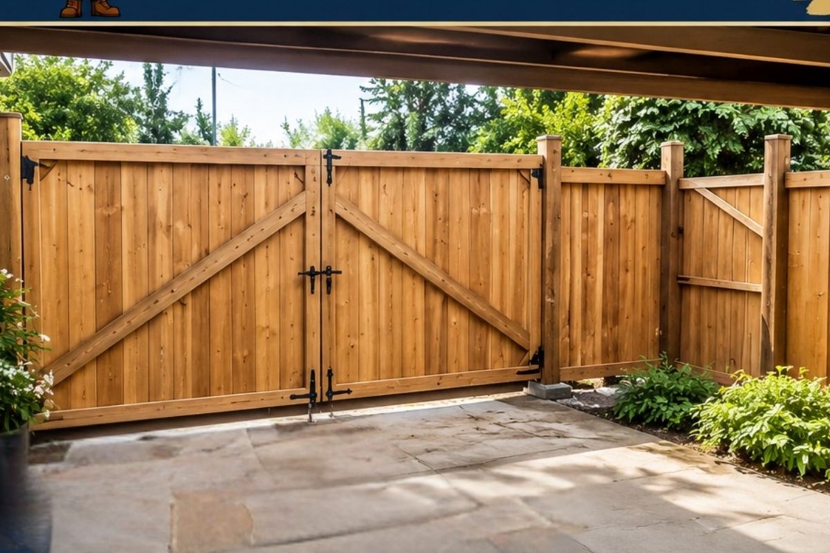Custom wood double driveway gate with diagonal bracing and black hardware built by Handyman Reid in Edmonton