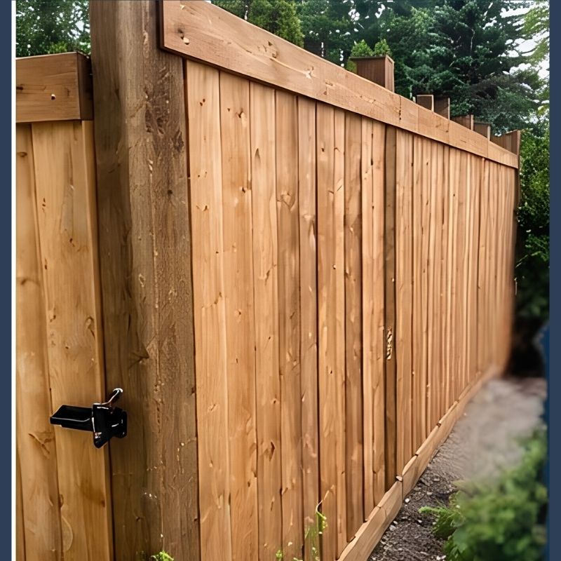 Tall wood privacy fence with a latch gate along the side of a home in Edmonton